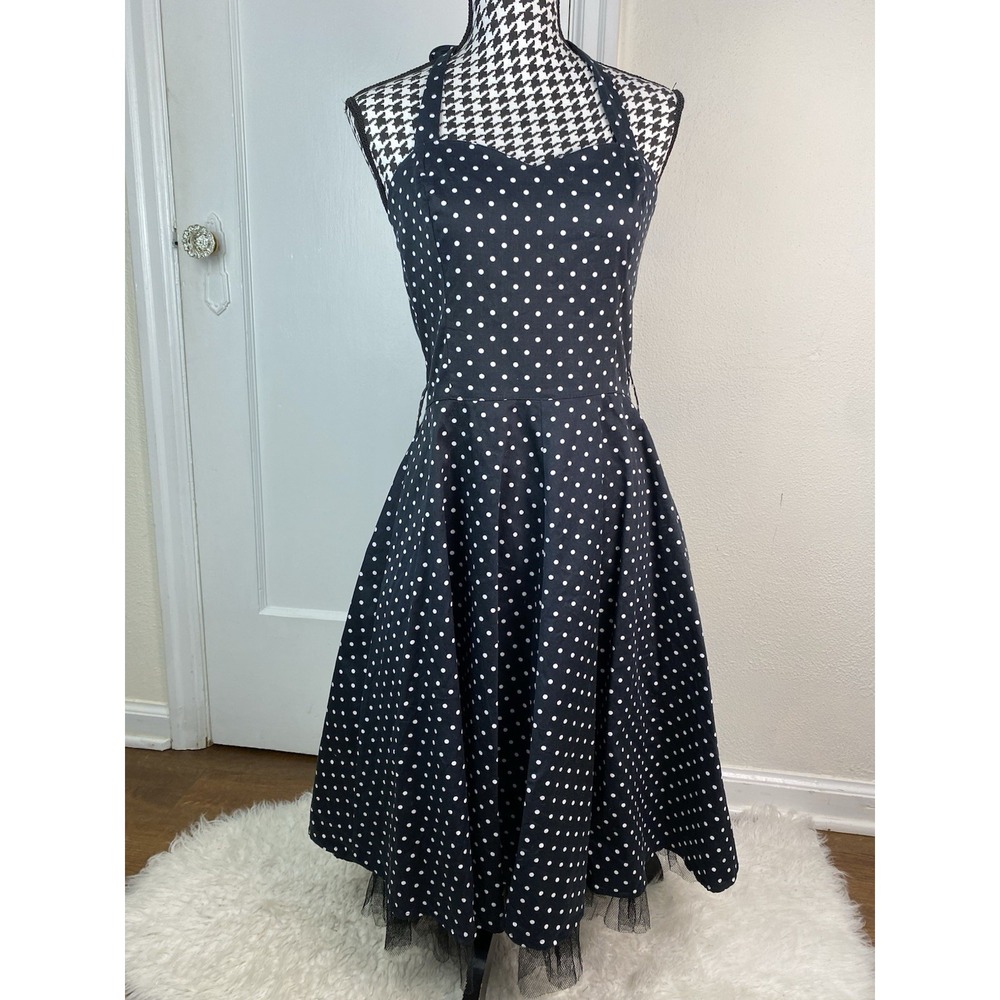Hearts & Roses Women's 14 Black White Polka Dot Fit and Flare Pin-Up Dress